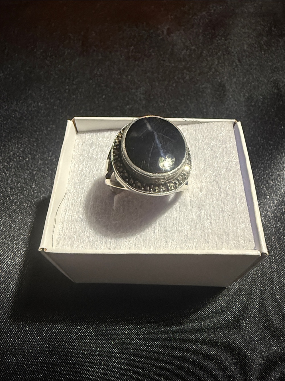 Vintage 925 Sterling Silver Black Onyx Cocktail Ring, Marcasite Halo Heart